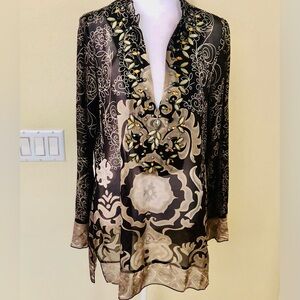 Hale Bob Black and Gray Silk Hand Beaded Cabana Top